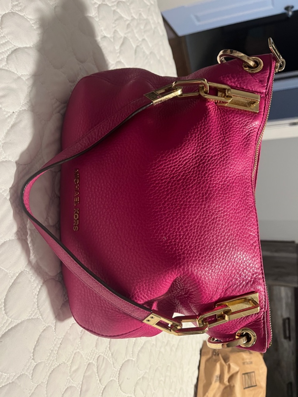Michael Kors Hot Pink Pebbled Leather Shoulder Bag with Gold Hardware